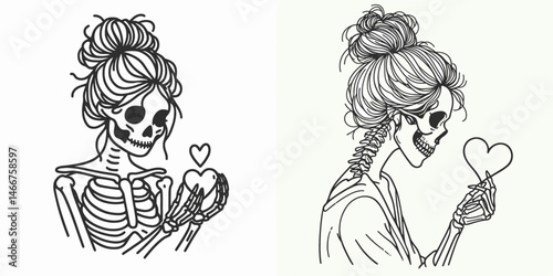 Female Skeleton with Messy Bun Holding Heart. girl bun Outline Clipart ink line art doodle vector illustration. Lady bone figure in disarrayed hair knot gripping affection sign imagery.