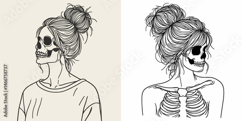 Female Skeleton with Messy Bun Halloween. girl bun Outline Clipart ink line art doodle vector illustration. Woman skull untidy chignon eerie festivity spooky season thematic image.