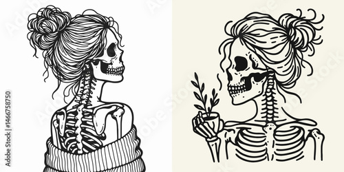 Female Skeleton with Messy Bun Halloween Trick or Treat. girl bun Outline Clipart ink line art doodle vector illustration. Woman bones untidy chignon fright night costume candy hunt.
