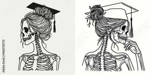 Female Skeleton with Messy Bun Graduation. girl bun Outline Clipart ink line art doodle vector illustration. Bony woman academic achievement untidy coil hair scholastic ceremony.