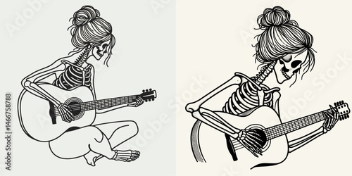 Female Skeleton with Messy Bun Guitar Playing. girl bun Outline Clipart ink line art doodle vector illustration. strumming skull hairstyle performing music.