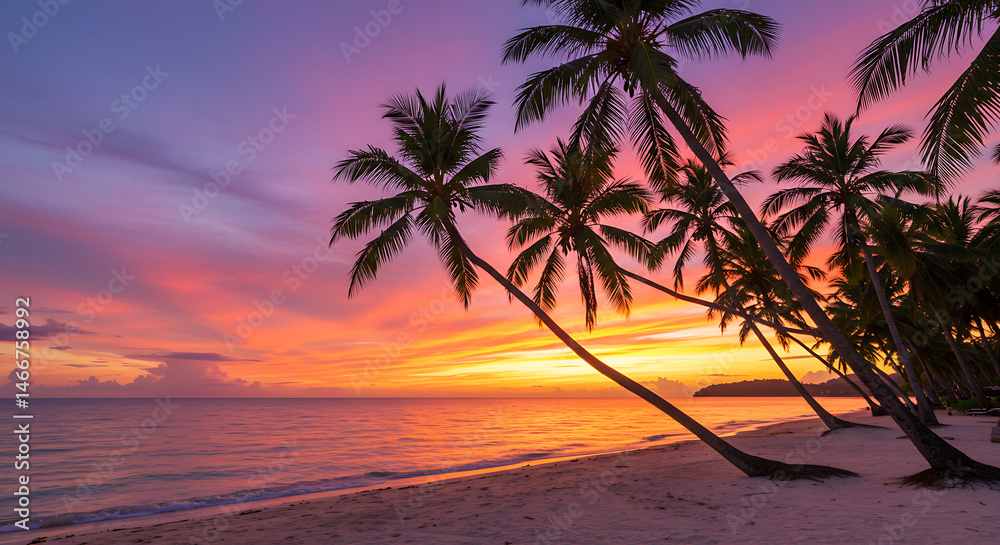 Fototapeta premium Tropical Paradise Sunset: A breathtaking view of a tropical beach at sunset, with silhouetted palm trees, offering a sense of serenity, relaxation, and the beauty of nature.