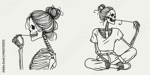 Female Skeleton with Messy Bun Flossing Dance. girl bun Outline Clipart ink line art doodle vector illustration. Lady bone figure unkempt topknot performing current jig.