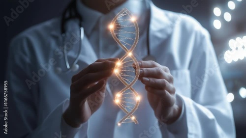 Doctor hands presenting illuminated DNA strand hologram animation video. Biotechnology clinical research animated footage clip seamless HD motion graphics. Advanced genetics concept