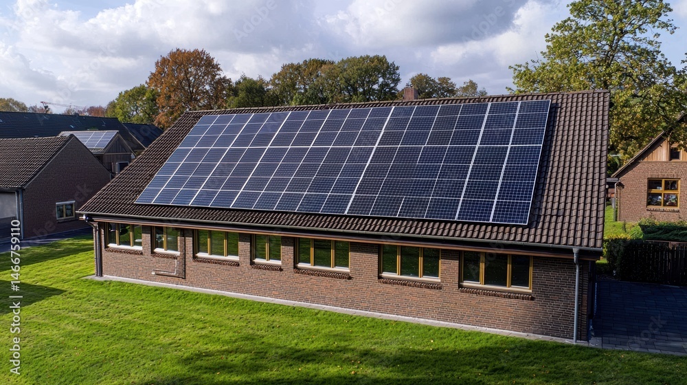 Modern building with solar panels on roof. Modern building with solar panels on roof.
