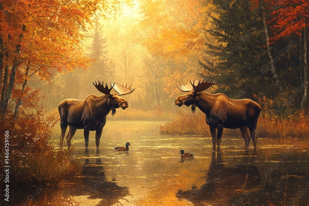 Maine Forest Wildlife: Two Moose in Autumn near Duck Pond