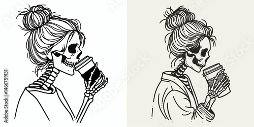 Female Skeleton with Messy Bun Drinking Coffee. girl bun Outline Clipart ink line art doodle vector illustration. Feminine skull disheveled coil sipping java a caffeine beverage theme.