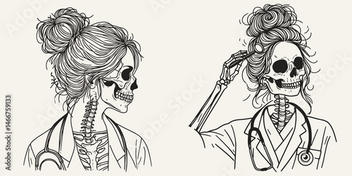 Female Skeleton with Messy Bun Doctor. girl bun Outline Clipart ink line art doodle vector illustration. Woman bones untidy hairdo medic anatomical healthcare professional portrayal.