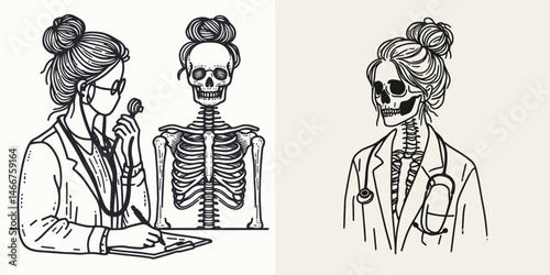 Female Skeleton with Messy Bun Doctor. girl bun Outline Clipart ink line art doodle vector illustration. Woman bone structure in disarrayed hair knotting medic professional.