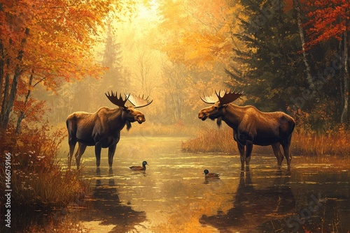Obraz na płótnie Maine Forest Wildlife: Two Moose in Autumn near Duck Pond w salonie