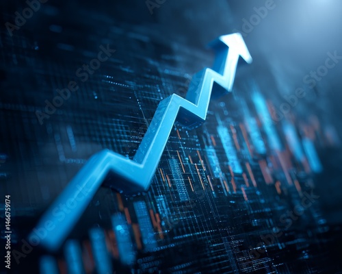 Blue up arrow business icon growth graph concept on 3d abstract background with illustration increase chart graphic sign. Success finance stock profit market progress digital technology presentation