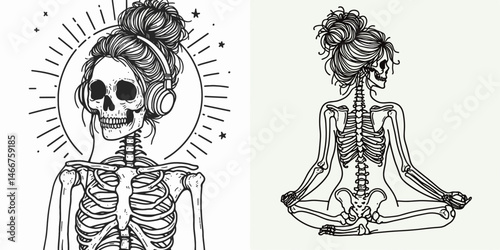 Female Skeleton with Messy Bun DJ. girl bun Outline Clipart ink line art doodle vector illustration. Bony woman entertainer audio creation disheveled hairdo skull disc jockey.