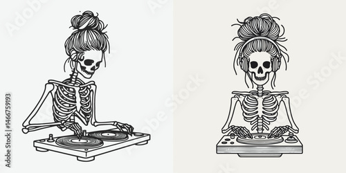 Female Skeleton with Messy Bun DJ. girl bun Outline Clipart ink line art doodle vector illustration. Bone woman rocker casual chignon mixing music for a spooky fiesta.