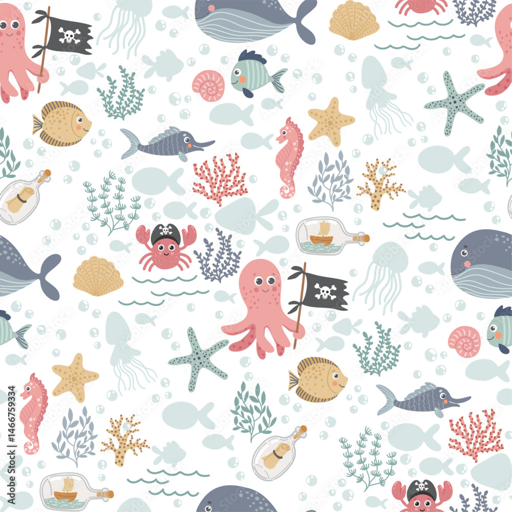 custom made wallpaper toronto digitalSeamless pattern with hand-drawn sea animals in a cute kids' style. Soft pastel colors. Perfect for fabric, nursery wallpaper, children’s products, and stationery design.