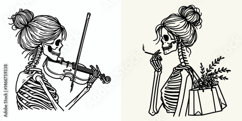 Female Skeleton with Messy Bun Conducting Orchestra. girl bun Outline Clipart ink line art doodle vector illustration. Dead woman maestro directing band untidy hairdo morbid concert theme.