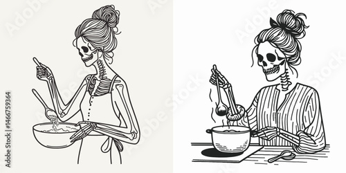 Female Skeleton with Messy Bun Cooking. girl bun Outline Clipart ink line art doodle vector illustration. Cranium chef disheveled hairdo preparing nourishment skeletal woman.