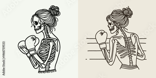 Female Skeleton with Messy Bun Boxing. girl bun Outline Clipart ink line art doodle vector illustration. Womans bony anatomy in disheveled hair knot practicing fisticuffs combat.