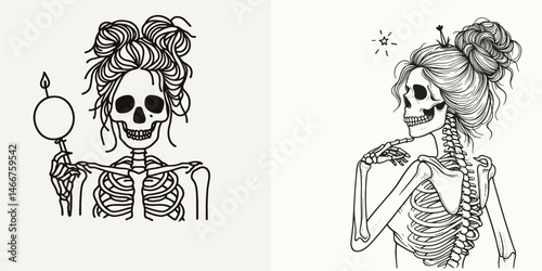 Female Skeleton with Messy Bun Birthday. girl bun Outline Clipart ink line art doodle vector illustration. Lady cranium having fun party tangled knot hairdo anniversary celebration.