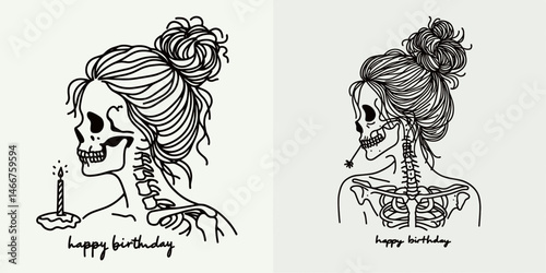 Female Skeleton with Messy Bun Birthday. girl bun Outline Clipart ink line art doodle vector illustration. Woman bony figure disheveled updo jubilee occasion celebration.