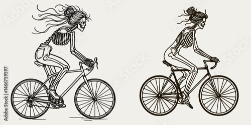 Female Skeleton with Messy Bun Biking. girl bun Outline Clipart ink line art doodle vector illustration. Lady bony frame sporting disheveled chignon riding bicycle active enjoyment.