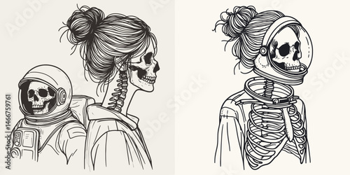 Female Skeleton with Messy Bun Astronaut. girl bun Outline Clipart ink line art doodle vector illustration. Spacewoman osseous remains undone coiffure exploring cosmos.