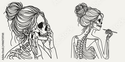 Female Skeleton with Messy Bun Artist. girl bun Outline Clipart ink line art doodle vector illustration. Bony woman creative vocation updo coiffure skull creator concept.