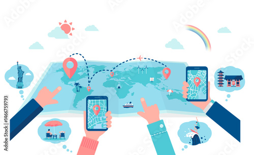 Vector illustration of a large world map and tourists