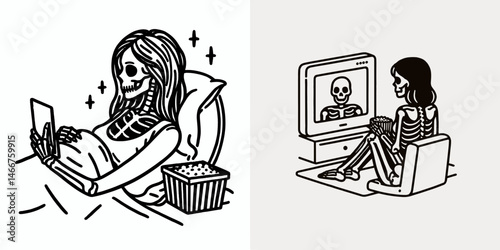 Female Skeleton watching a movie. girl with messy bun Outline Clipart ink line art doodle vector illustration. Bony woman enjoys digital entertainment skeletal figure views cinematic.