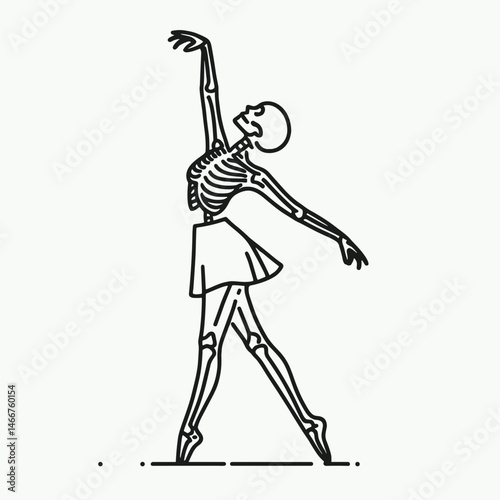 Female Skeleton taking a dance class. girl with messy bun Outline Clipart ink line art doodle vector illustration. Bony dame pursuing choreography training academy of art mortality theme.