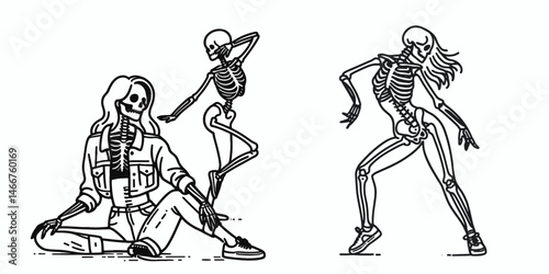 Female Skeleton taking a dance class. girl with messy bun Outline Clipart ink line art doodle vector illustration. Womans bony frame attending rhythmic movement lesson for enjoyment.