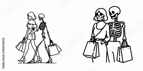 Female Skeleton shopping together. girl with messy bun Outline Clipart ink line art doodle vector illustration. Womans bone structure purchase alliance a joint venture skeletal.