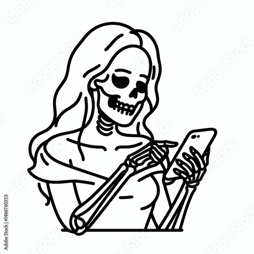 Female Skeleton sharing their favorite songs. girl with messy bun Outline Clipart ink line art doodle vector illustration. Bony woman divulging adored melodies deathly dames top audio.