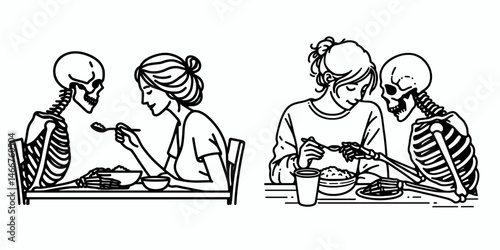 Female Skeleton sharing a meal. girl with messy bun Outline Clipart ink line art doodle vector illustration. Bony woman enjoying cuisine skeletal lady consuming dish spooky dinner date.