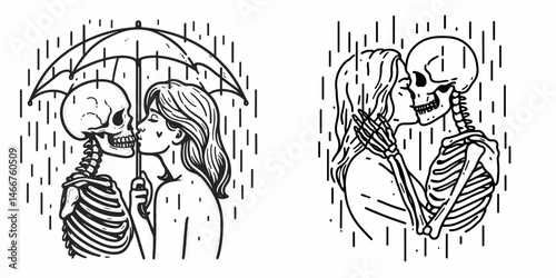 Female Skeleton sharing a kiss in the rain. girl with messy bun Outline Clipart ink line art doodle vector illustration. Bony woman enjoying affection beneath deluge gothic romance fantasy.