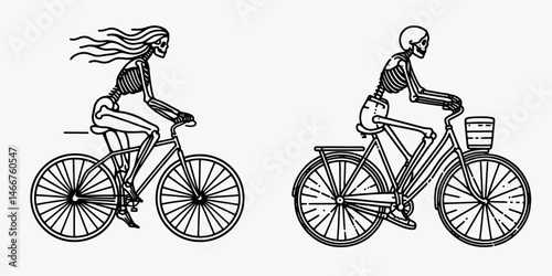 Female Skeleton riding bicycles. girl with messy bun Outline Clipart ink line art doodle vector illustration. Woman bony figure cycling bike transport for girls bone frame activity.
