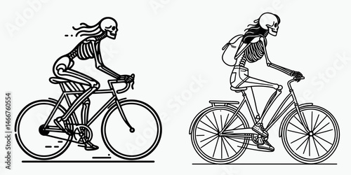 Female Skeleton riding bicycles. girl with messy bun Outline Clipart ink line art doodle vector illustration. Woman undead cycling anatomical bone figure cruising on cycle for Halloween.