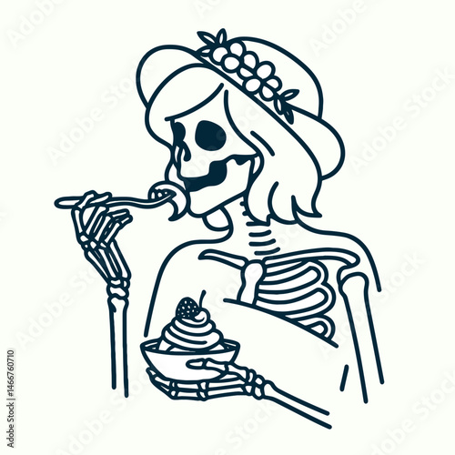 Female Skeleton sharing a dessert. girl with messy bun Outline Clipart ink line art doodle vector illustration. Womans bony frame partaking of confection skeletal girlfriend eating treat.