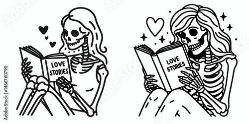 Female Skeleton reading love stories. girl with messy bun Outline Clipart ink line art doodle vector illustration. Bony dame engrossed in romantic fiction a macabre genre delight.
