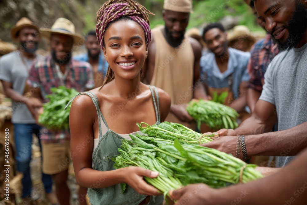 Obraz premium Community members harvest fresh vegetables together in a collaborative farming effort in a lush green environment