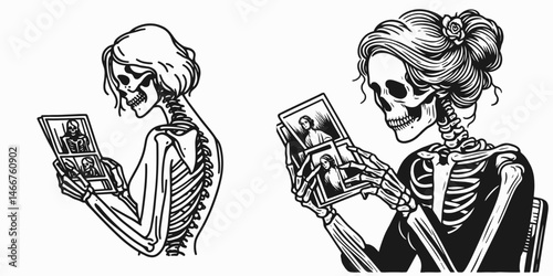 Female Skeleton looking through old photos. girl with messy bun Outline Clipart ink line art doodle vector illustration. Bony woman viewing antique picture album. retro memory bone.