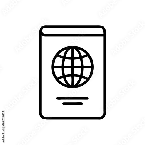 Minimalist black outline vector icon of a biometric travel passport with a globe symbol. Frontal view in clean thin lines, representing international travel, tourism, and identity.
