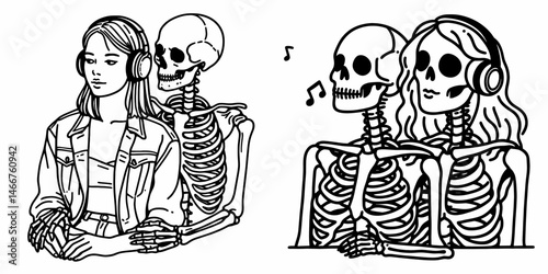 Female Skeleton listening to music together. girl with messy bun Outline Clipart ink line art doodle vector illustration. Woman bone avatar hearing tune jointly auditory amusement.