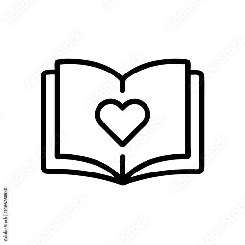 Minimalist black outline vector icon of an open book with a heart symbol on the page. Centered composition on a white background, representing self-help, love, and mental health awareness.