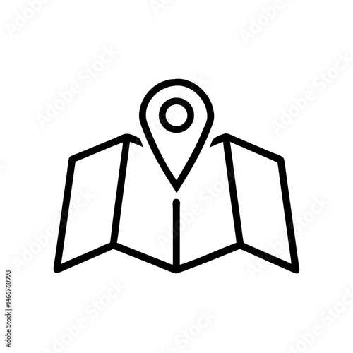 Minimalist black outline vector icon of a folded map with a navigation pin hovering above it. Clean stroke design in flat style, representing travel, wayfinding, and tourism.