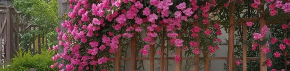 Cascading pink blossoms adorn a rustic wooden trellis in a bright courtyard garden , wood, pink Cascading pink blossoms adorn a rustic wooden trellis in a bright courtyard garden , wood, pink