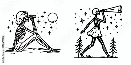 Female Skeleton going stargazing. girl with messy bun Outline Clipart ink line art doodle vector illustration. Bony woman admiring celestial wonder cosmos exploration ethereal viewing.