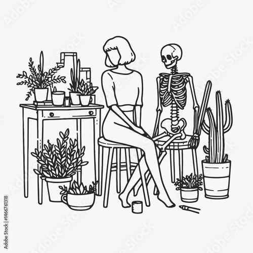 Female Skeleton decorating a room together. girl with messy bun Outline Clipart ink line art doodle vector illustration. Bone lady adorn interior space sharing creative home style.