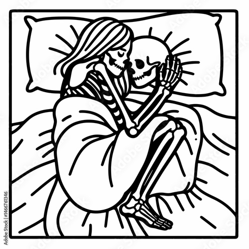 Female Skeleton cuddling under a blanket. girl with messy bun Outline Clipart ink line art doodle vector illustration. Feminine bony form embracing warmth beneath wrap spooky repose theme.