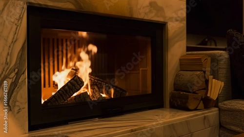 Cozy fireplace with flames and logs in a warm living room  