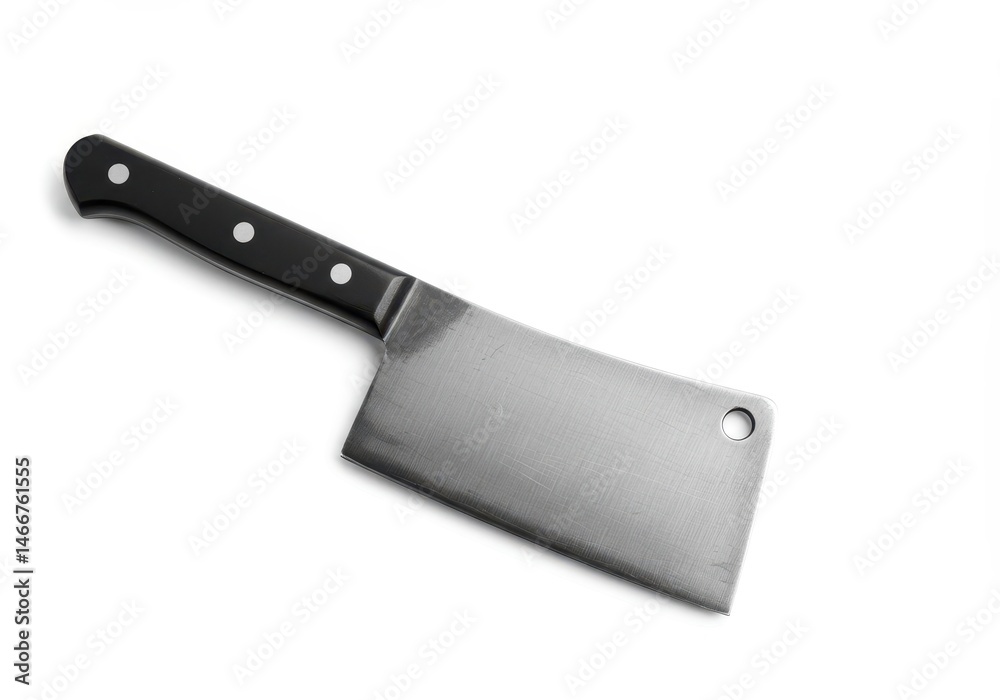 A single cleaver with a black handle and silver blade lays on a white surface in a studio shot A single cleaver with a black handle and silver blade lays on a white surface in a studio shot